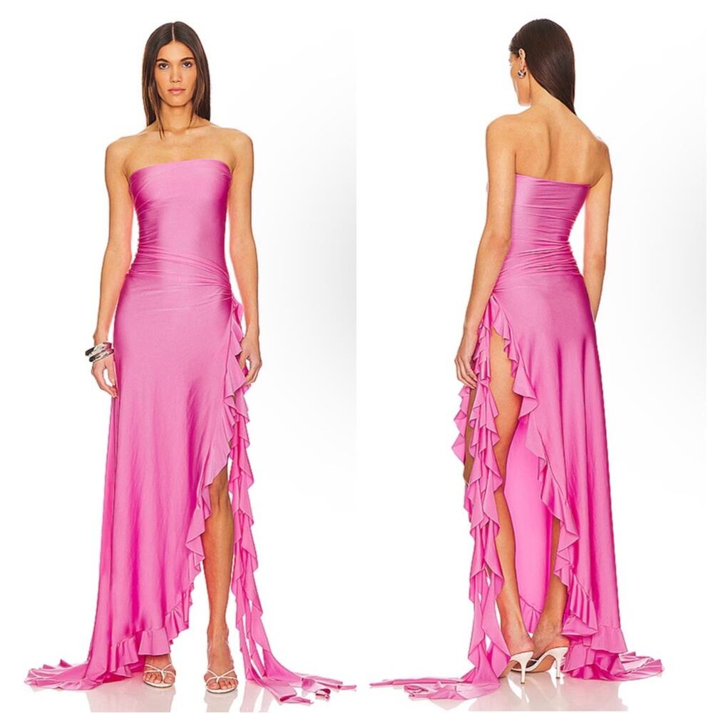 SHANI SHEMER Shawn Ruffle Train Strapless Pink Macaron Maxi Dress Size Medium
